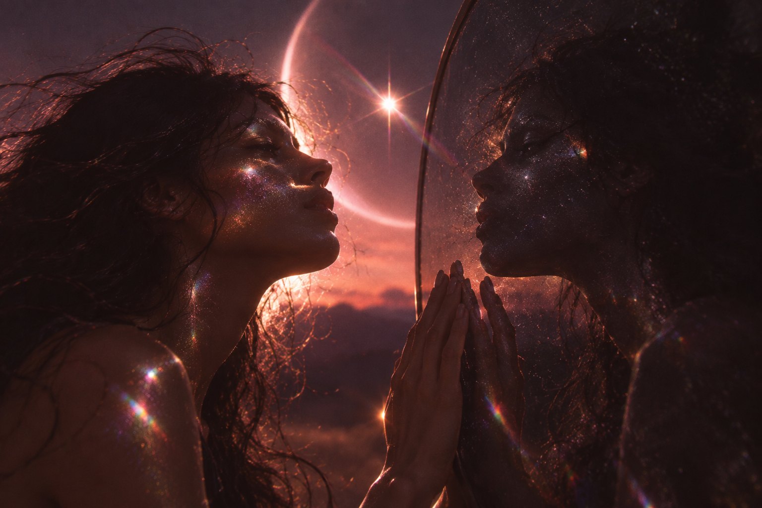 A woman facing her own reflection in a mirror, a small bright light glowing between them